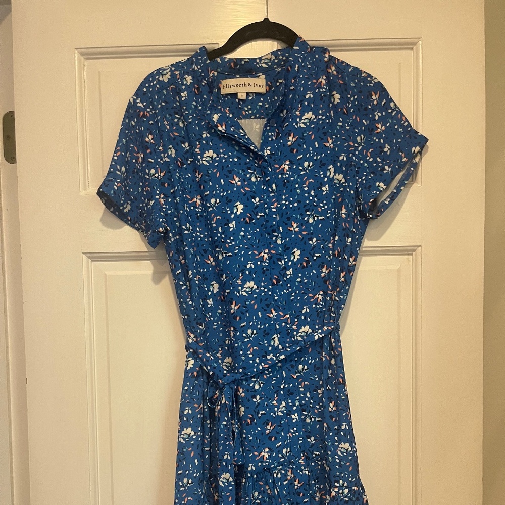 Ellsworth & Ivey Chloe Blue Floral Boho Peasant Ruffled Hem Dress Size S